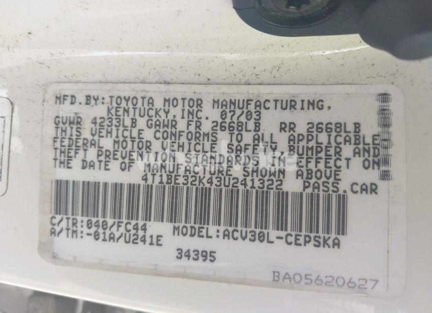 Photo 9 of 2003 Toyota Camry SE (VIN 4T1BE32K43U241322)