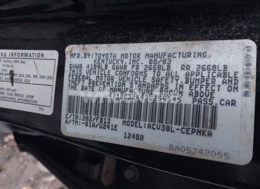 Photo 9 of 2003 Toyota Camry LE (VIN 4T1BE32K43U259545)