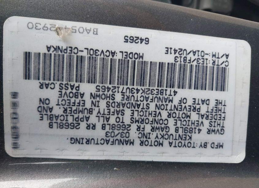 Photo 9 of 2003 Toyota Camry LE (VIN 4T1BE32K43U712465)