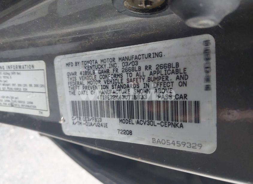 Photo 9 of 2003 Toyota Camry LE (VIN 4T1BE32K43U718833)