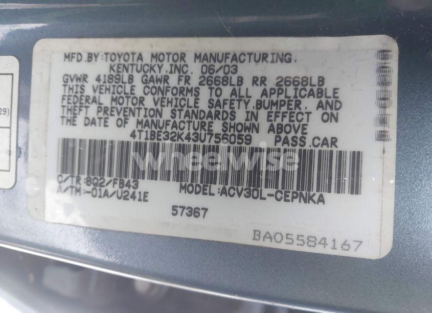Photo 9 of 2003 Toyota Camry LE (VIN 4T1BE32K43U756059)