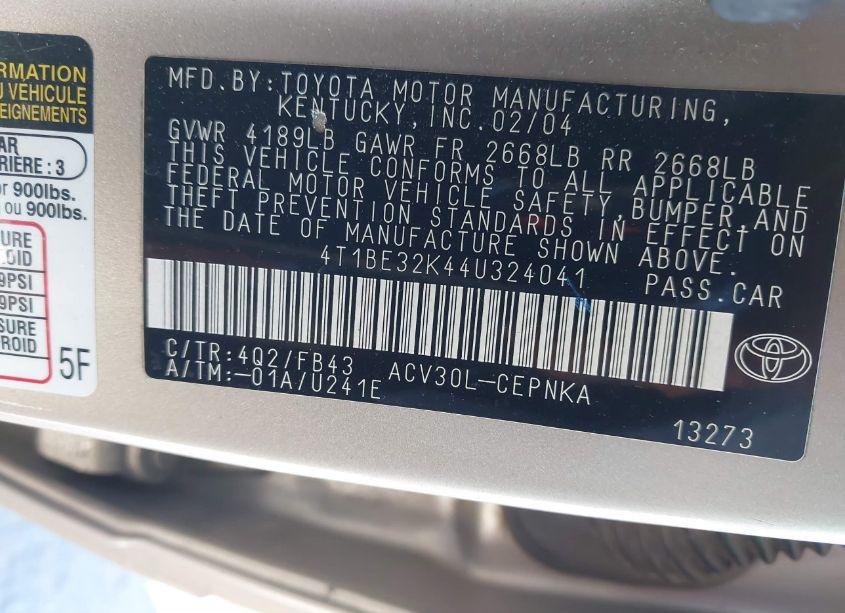 Photo 9 of 2004 Toyota Camry LE (VIN 4T1BE32K44U324041)