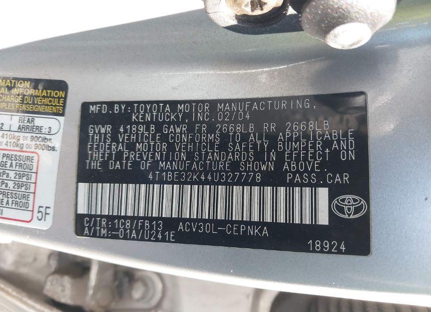 Photo 9 of 2004 Toyota Camry LE (VIN 4T1BE32K44U327778)