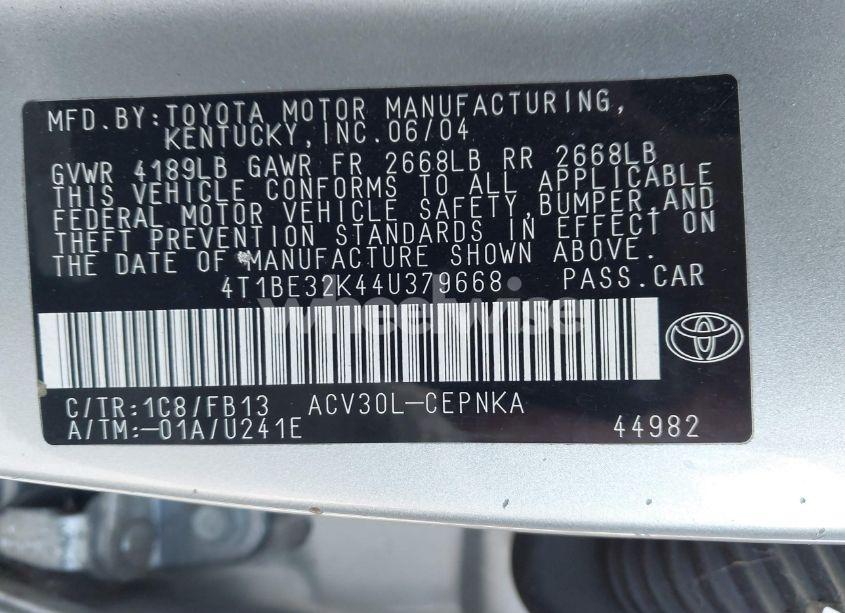 Photo 9 of 2004 Toyota Camry LE (VIN 4T1BE32K44U379668)