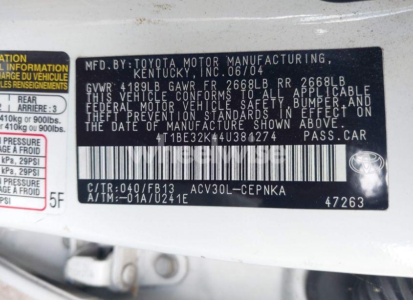 Photo 9 of 2004 Toyota Camry LE (VIN 4T1BE32K44U381274)