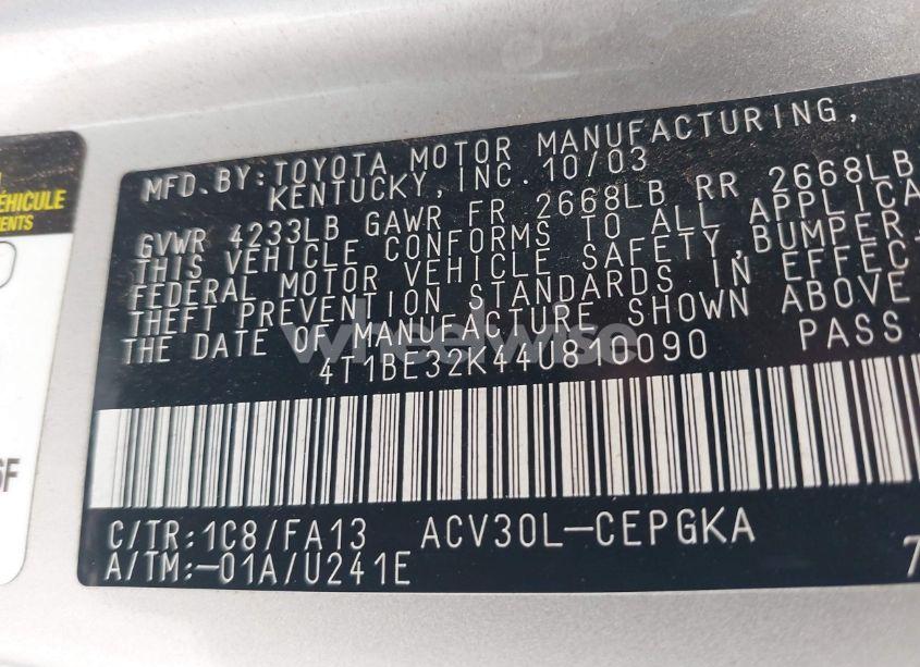 Photo 9 of 2004 Toyota Camry XLE (VIN 4T1BE32K44U810090)