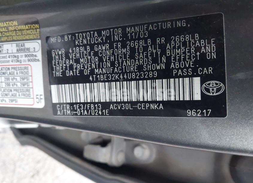 Photo 9 of 2004 Toyota Camry LE (VIN 4T1BE32K44U823289)
