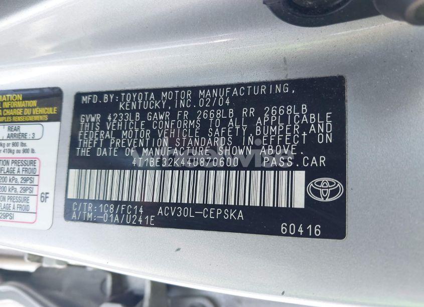 Photo 9 of 2004 Toyota Camry SE (VIN 4T1BE32K44U870600)
