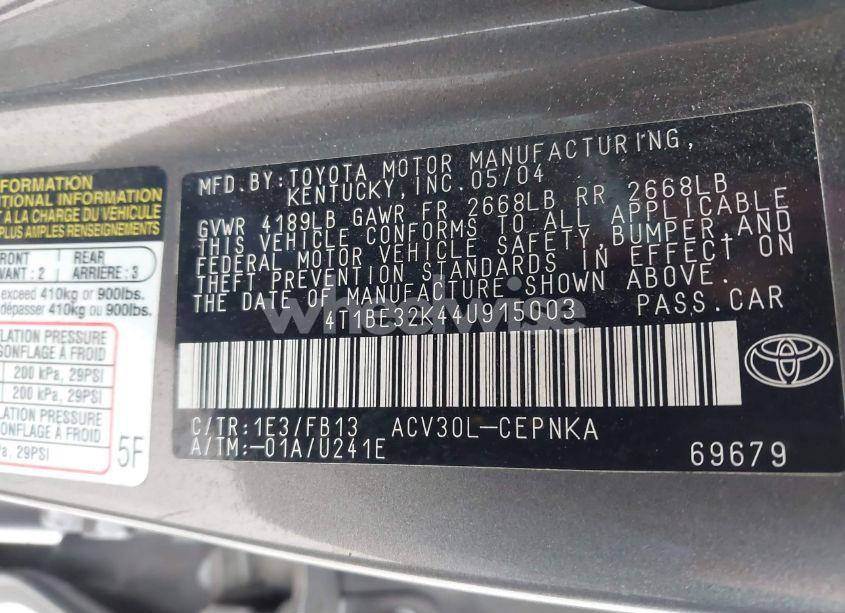 Photo 9 of 2004 Toyota Camry LE (VIN 4T1BE32K44U915003)