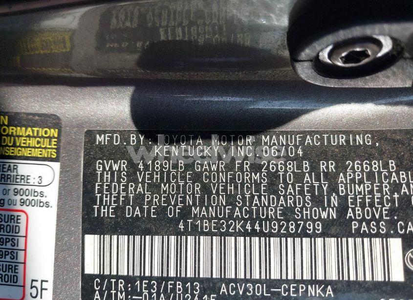 Photo 9 of 2004 Toyota Camry LE (VIN 4T1BE32K44U928799)