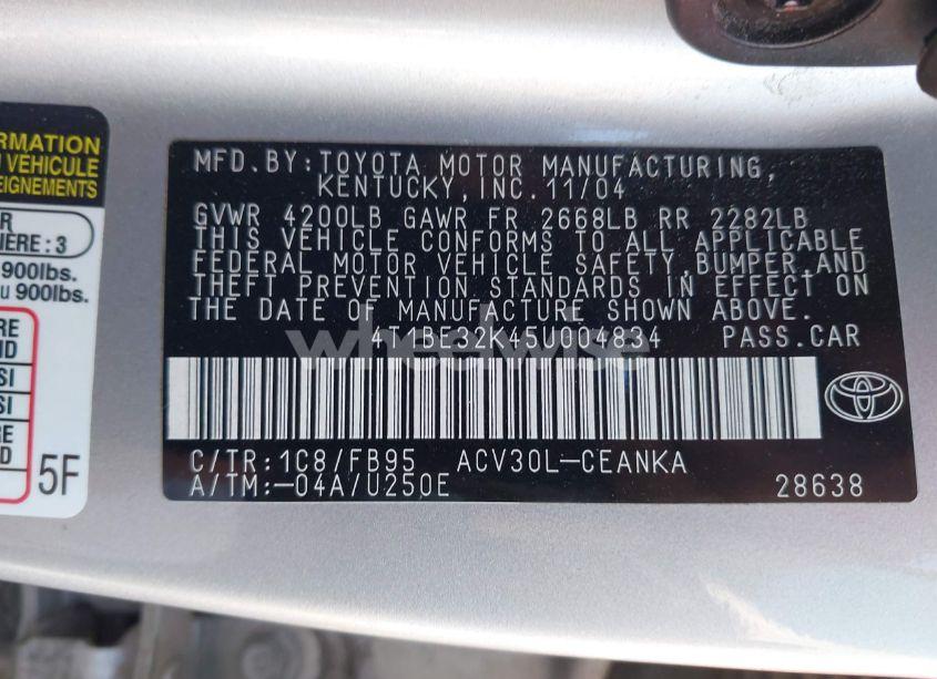 Photo 9 of 2005 Toyota Camry LE (VIN 4T1BE32K45U004834)