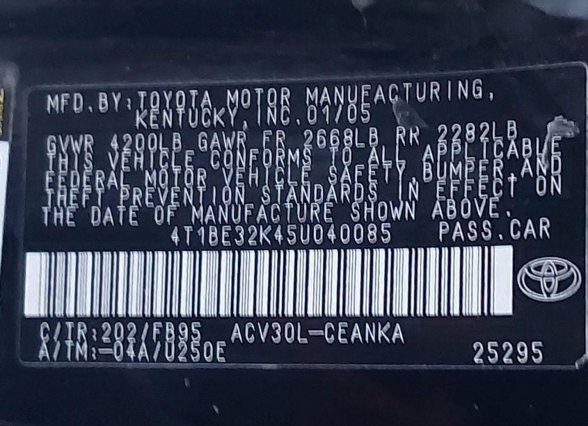 Photo 9 of 2005 Toyota Camry LE (VIN 4T1BE32K45U040085)