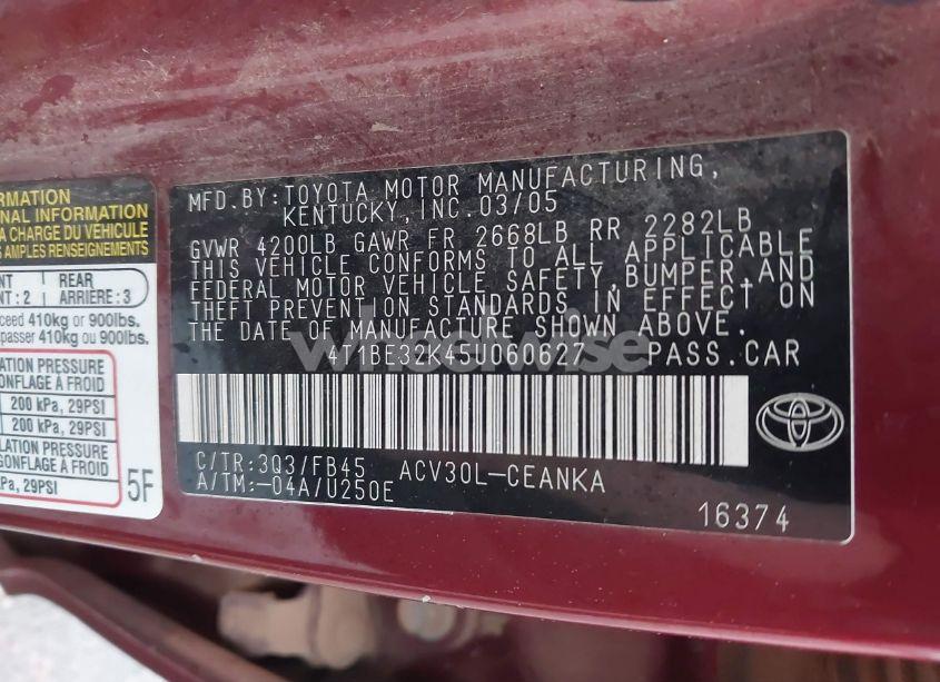 Photo 9 of 2005 Toyota Camry LE (VIN 4T1BE32K45U060627)