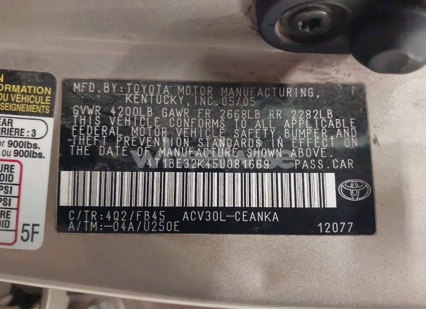 Photo 9 of 2005 Toyota Camry LE (VIN 4T1BE32K45U081669)