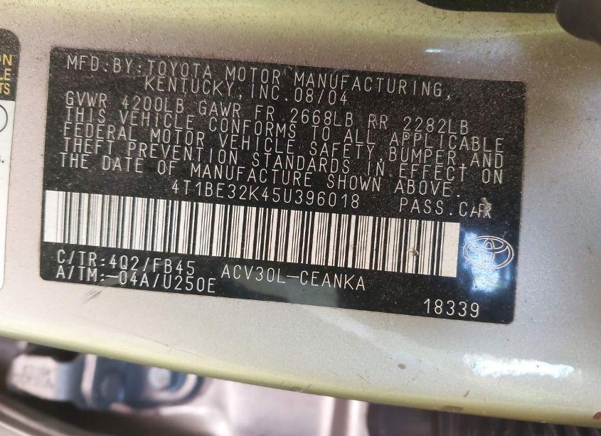 Photo 9 of 2005 Toyota Camry LE (VIN 4T1BE32K45U396018)