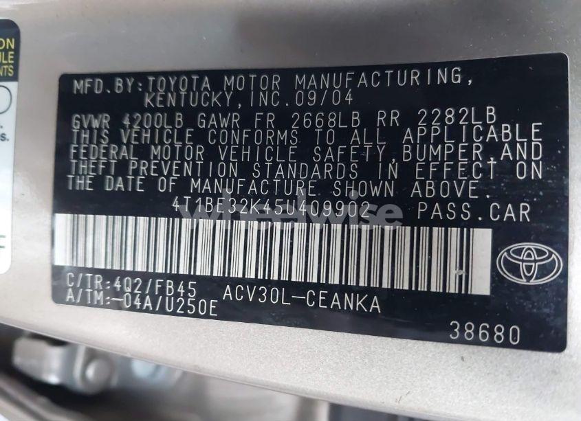 Photo 9 of 2005 Toyota Camry LE (VIN 4T1BE32K45U409902)