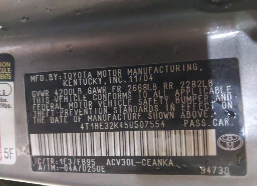 Photo 9 of 2005 Toyota Camry LE (VIN 4T1BE32K45U507554)