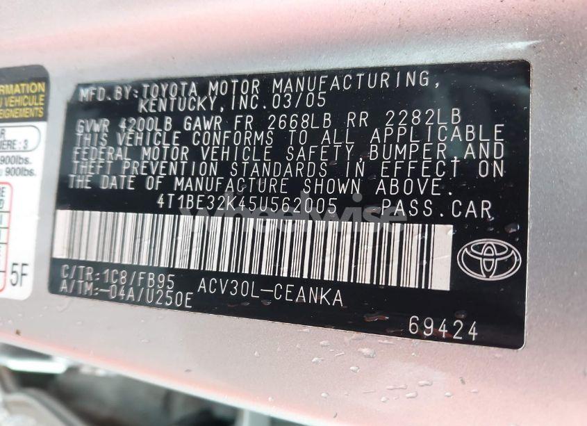 Photo 9 of 2005 Toyota Camry LE (VIN 4T1BE32K45U562005)