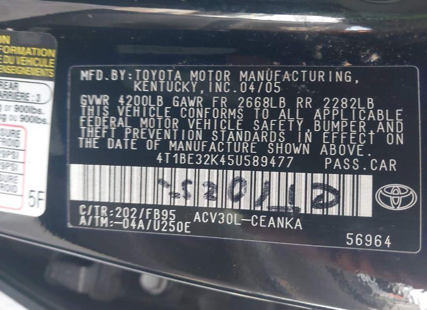 Photo 9 of 2005 Toyota Camry LE (VIN 4T1BE32K45U589477)