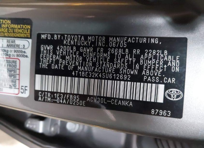 Photo 9 of 2005 Toyota Camry LE (VIN 4T1BE32K45U612692)