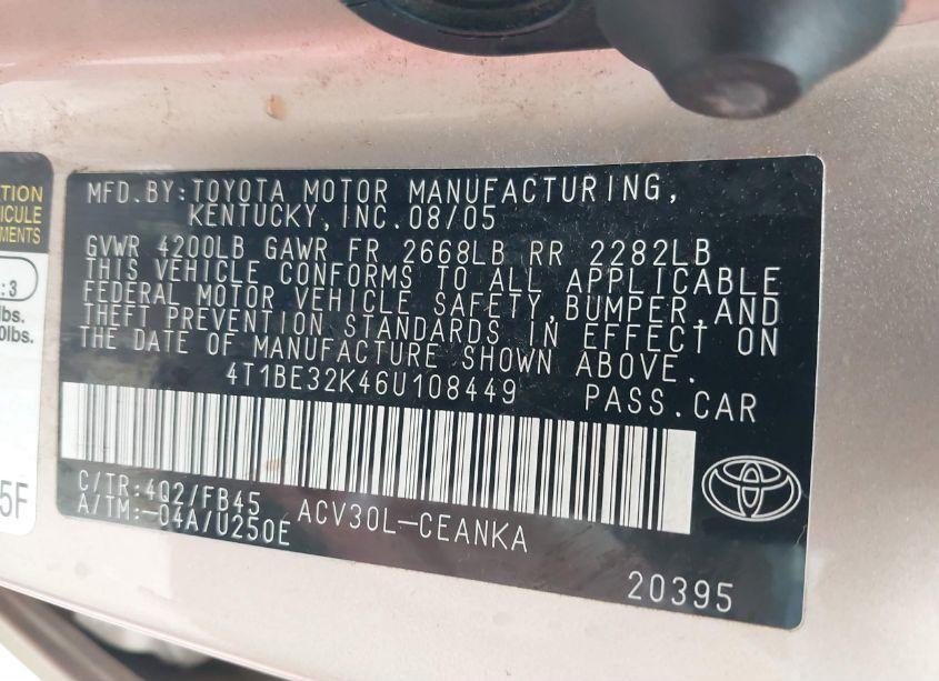 Photo 9 of 2006 Toyota Camry LE (VIN 4T1BE32K46U108449)