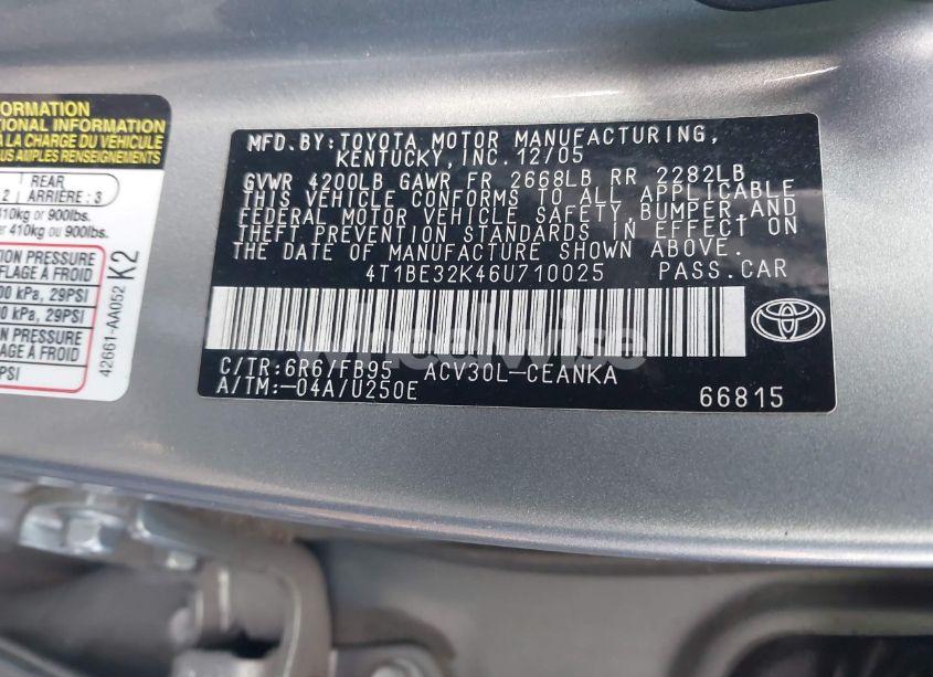 Photo 9 of 2006 Toyota Camry LE (VIN 4T1BE32K46U710025)