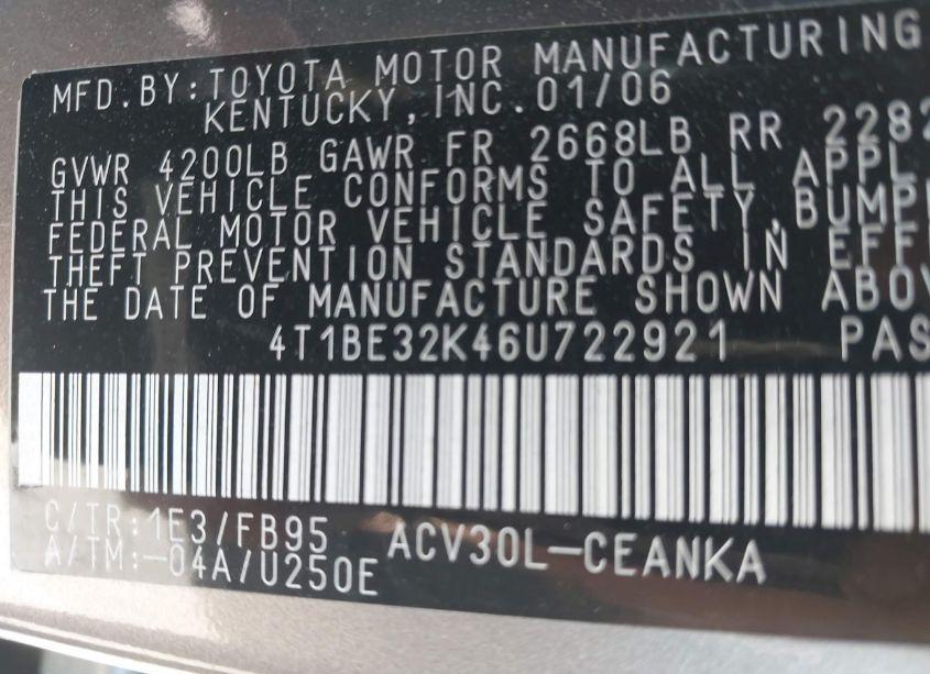 Photo 9 of 2006 Toyota Camry STD (VIN 4T1BE32K46U722921)