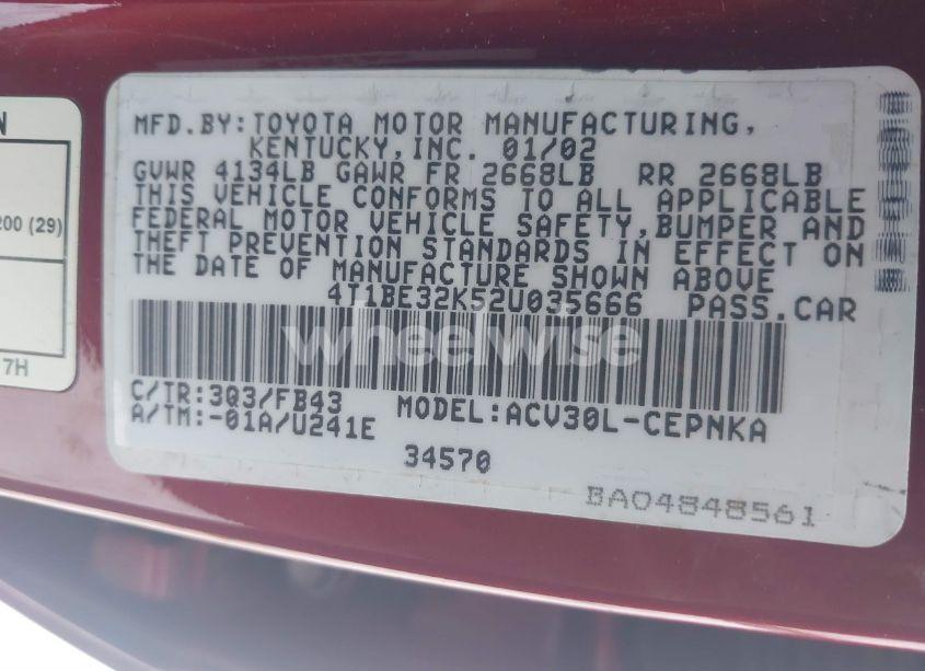 Photo 9 of 2002 Toyota Camry LE (VIN 4T1BE32K52U035666)