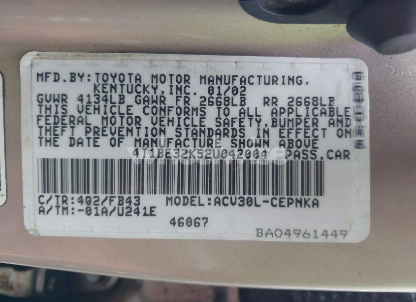 Photo 9 of 2002 Toyota Camry LE (VIN 4T1BE32K52U042004)