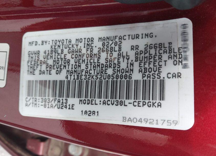 Photo 9 of 2002 Toyota Camry XLE (VIN 4T1BE32K52U050006)