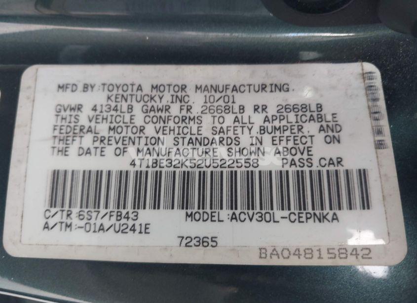 Photo 9 of 2002 Toyota Camry LE (VIN 4T1BE32K52U522558)