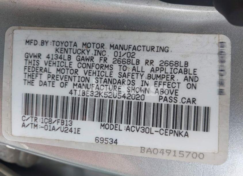 Photo 9 of 2002 Toyota Camry LE (VIN 4T1BE32K52U542020)