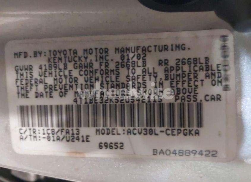 Photo 9 of 2002 Toyota Camry XLE (VIN 4T1BE32K52U542115)