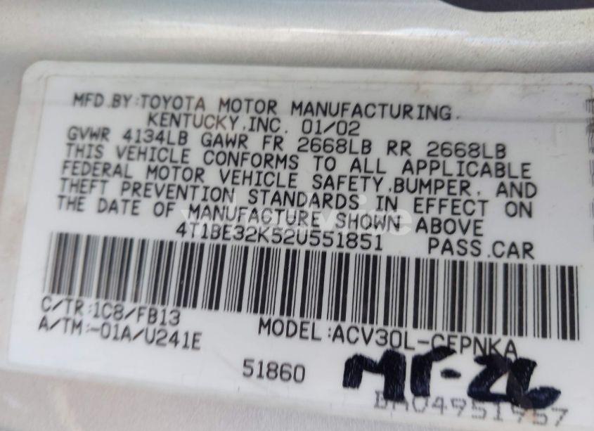 Photo 9 of 2002 Toyota Camry LE (VIN 4T1BE32K52U551851)