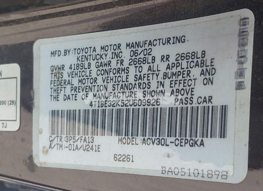 Photo 9 of 2002 Toyota Camry XLE (VIN 4T1BE32K52U609926)