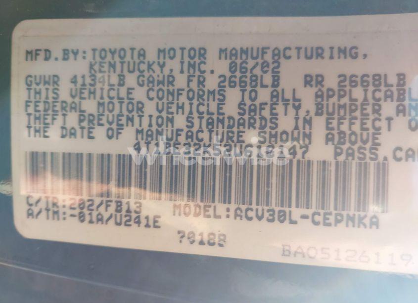 Photo 9 of 2002 Toyota Camry LE (VIN 4T1BE32K52U616147)