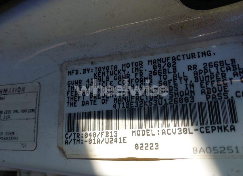 Photo 9 of 2003 Toyota Camry LE (VIN 4T1BE32K53U126003)