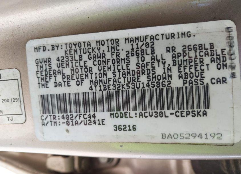 Photo 9 of 2003 Toyota Camry SE (VIN 4T1BE32K53U145862)