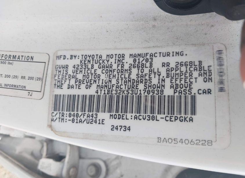 Photo 9 of 2003 Toyota Camry XLE (VIN 4T1BE32K53U170938)