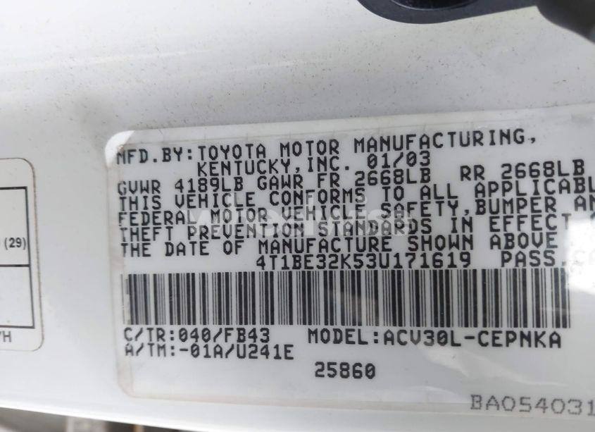 Photo 9 of 2003 Toyota Camry LE (VIN 4T1BE32K53U171619)