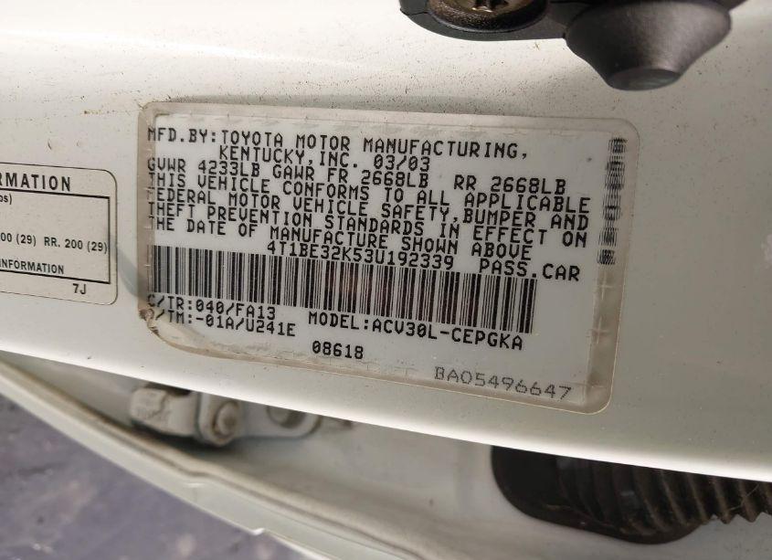Photo 9 of 2003 Toyota Camry XLE (VIN 4T1BE32K53U192339)