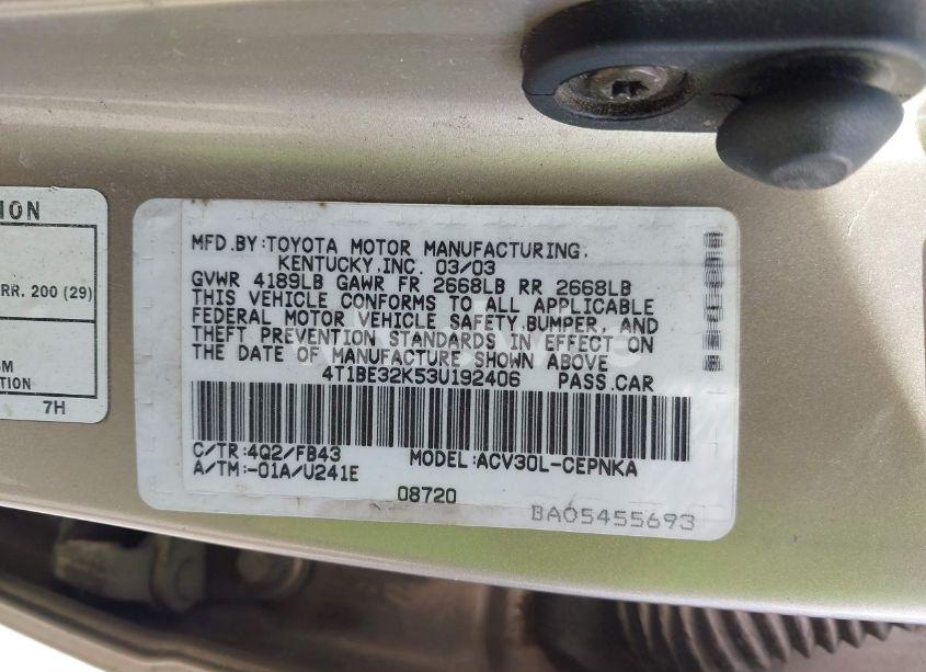 Photo 9 of 2003 Toyota Camry LE (VIN 4T1BE32K53U192406)