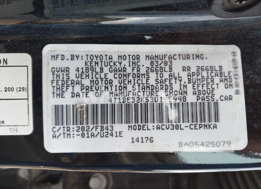 Photo 9 of 2003 Toyota Camry LE/SE/XLE (VIN 4T1BE32K53U195998)