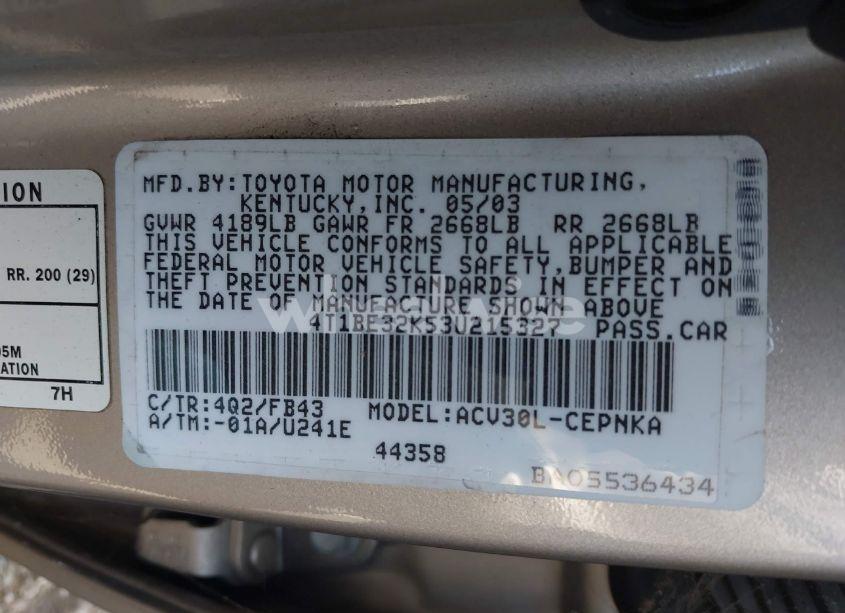 Photo 9 of 2003 Toyota Camry LE (VIN 4T1BE32K53U215327)