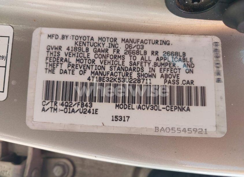 Photo 9 of 2003 Toyota Camry LE/SE/XLE (VIN 4T1BE32K53U228711)