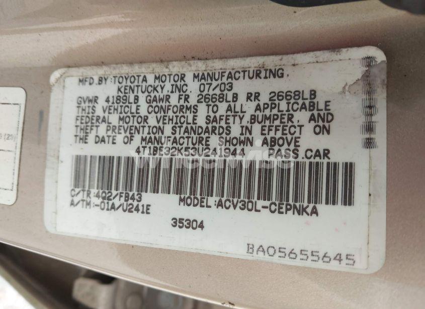 Photo 9 of 2003 Toyota Camry LE (VIN 4T1BE32K53U241944)