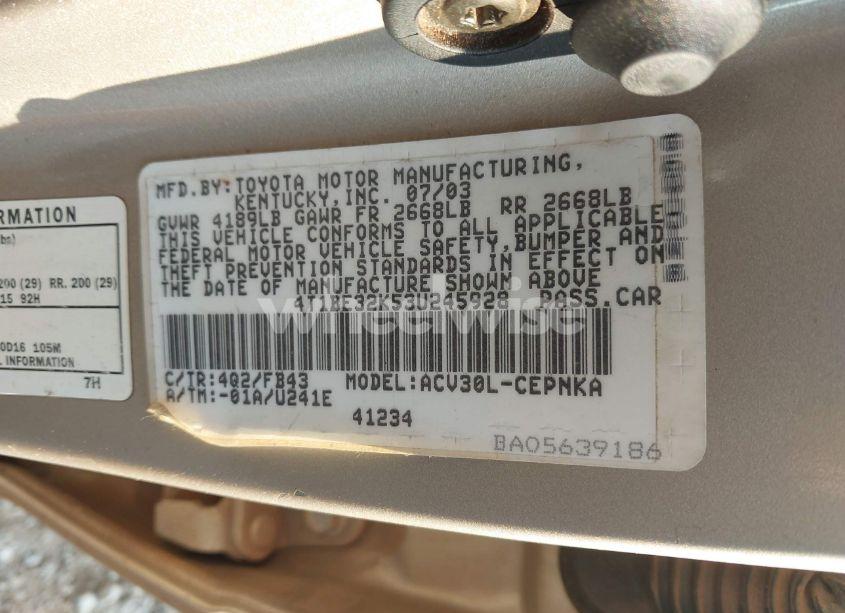 Photo 9 of 2003 Toyota Camry LE (VIN 4T1BE32K53U245928)