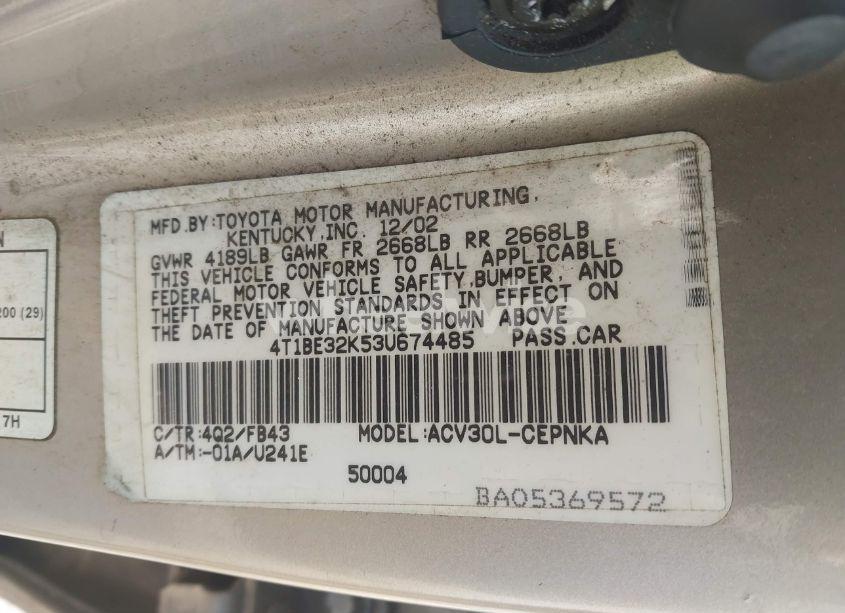 Photo 9 of 2003 Toyota Camry LE (VIN 4T1BE32K53U674485)