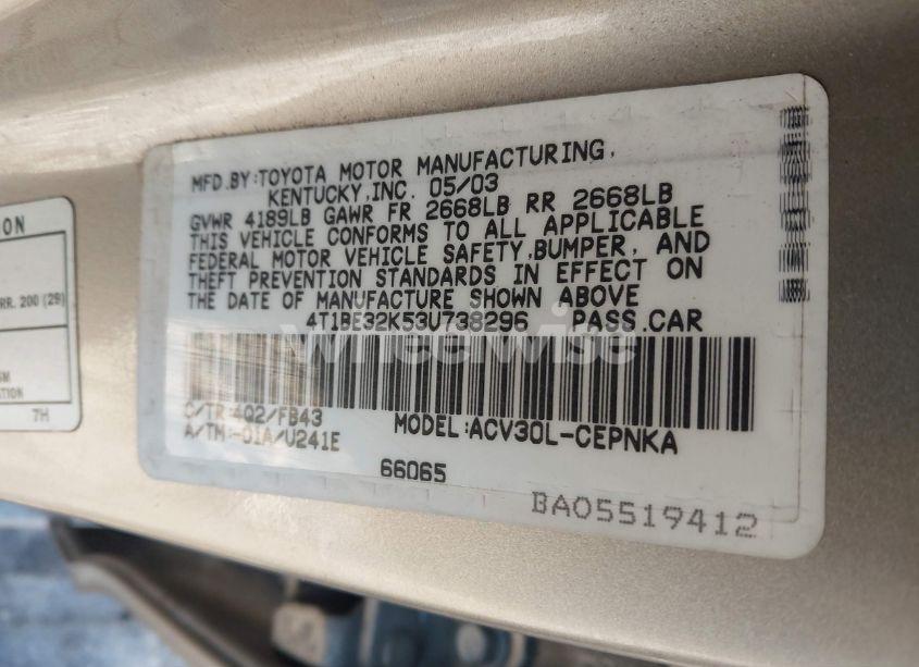 Photo 9 of 2003 Toyota Camry LE (VIN 4T1BE32K53U738296)