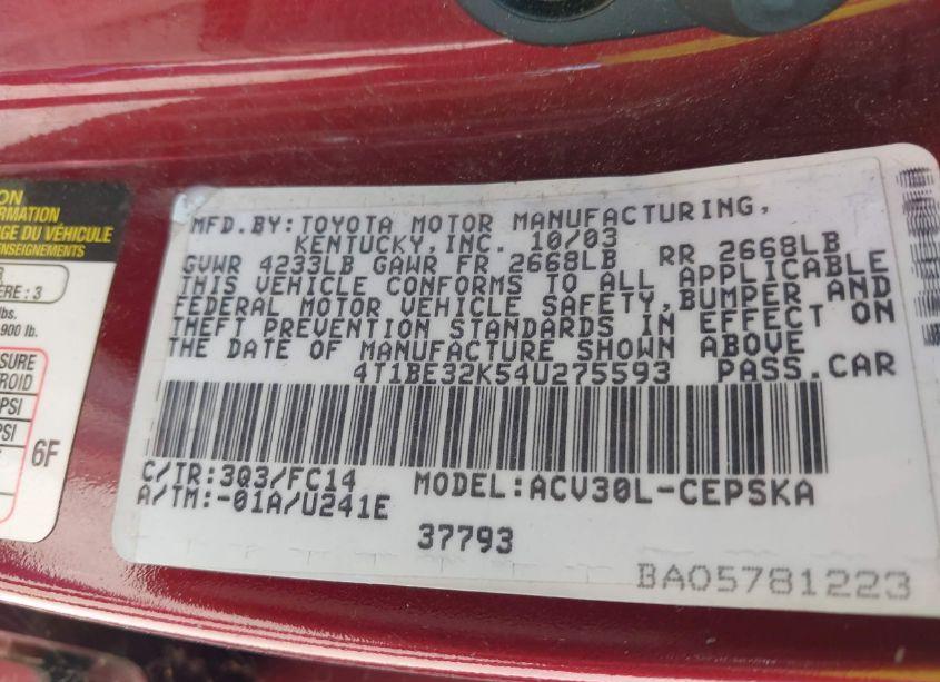 Photo 9 of 2004 Toyota Camry SE (VIN 4T1BE32K54U275593)